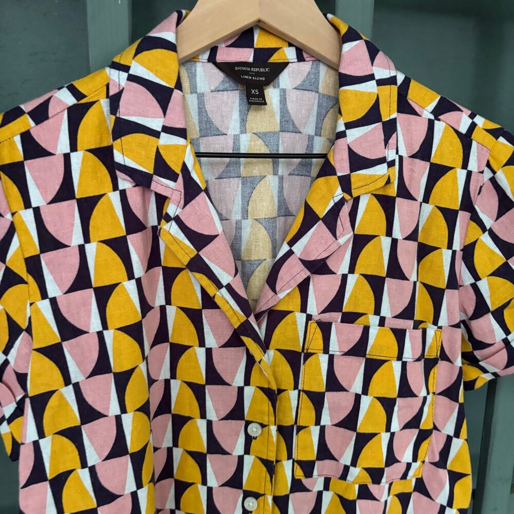 Banana Republic Linen Blend Retro Geometric Shirt XS Mod Tiki Resort MCM